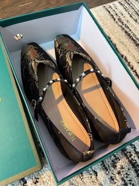 Black Embroidered Pearl-Accent Mary Jane Flats